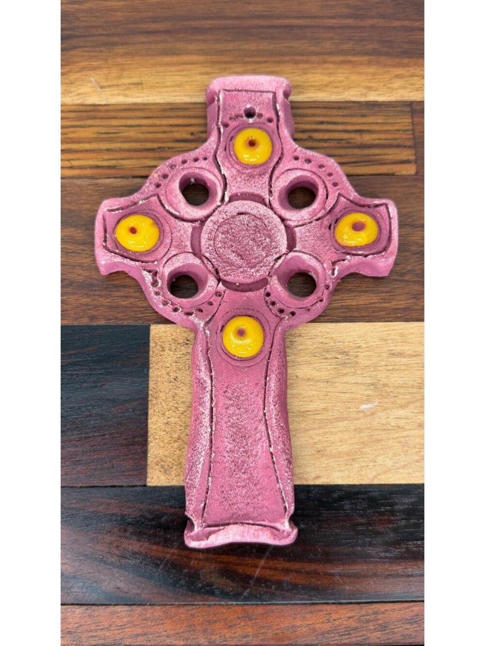 Vintage handmade clay cross, yellow accents, wall decor, faith, artistry, creati